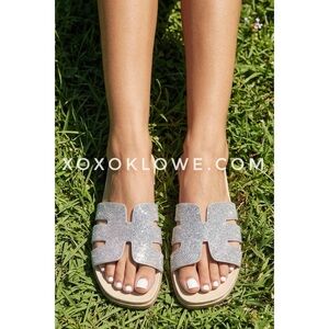 Qupid Rhinestone Slide Sandals | Sparkly Slip On Flats
